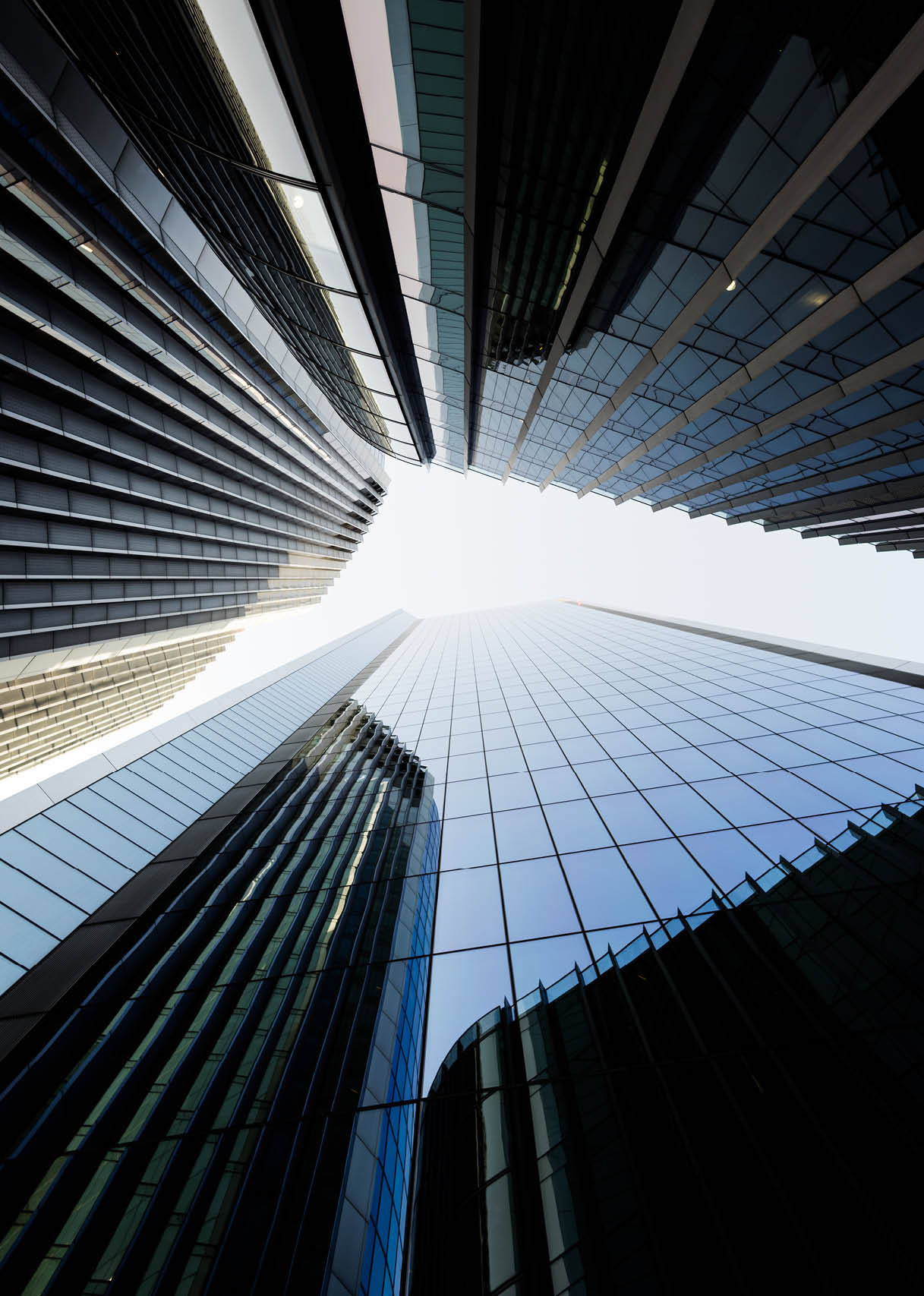 Directly below shot of modern skyscrapers in the City of London.